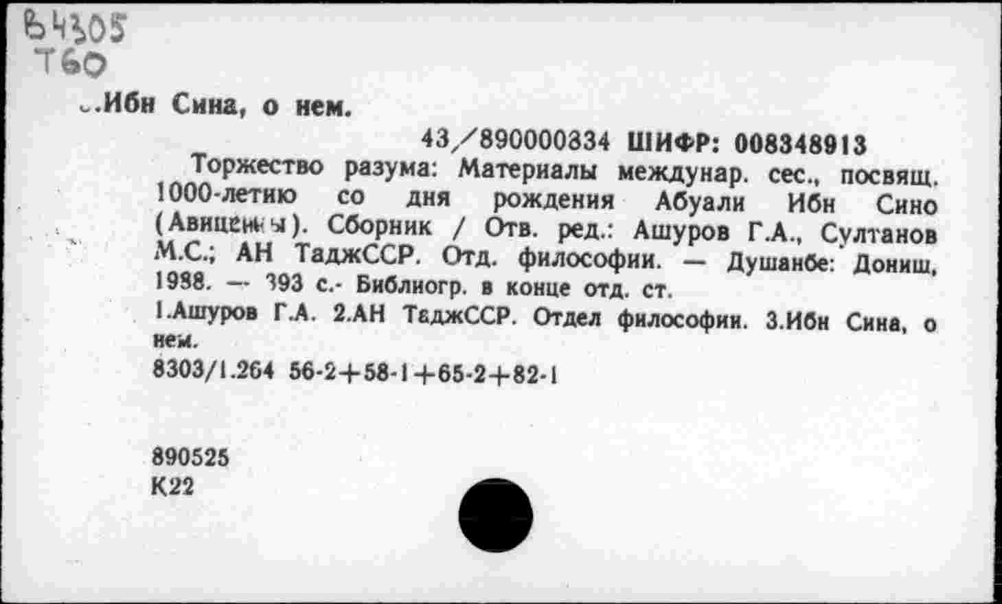 ﻿ЬЧ05
760
о.Ибн Сина, о нем.
43/890000334 ШИФР: 008348913
Торжество разума: Материалы междунар. сес., посвящ. 1000-летию со дня рождения Абуали Ибн Сино (Авиценк-ы). Сборник / Отв. ред.: Ашуров Г.А., Султанов М.С.; АН ТаджССР. Отд. философии. — Душанбе: Дониш, 1988. — 393 с.- Библиогр. в конце отд. ст.
■ .Ашуров Г.А. 2.АН ТаджССР. Отдел философии. З.Ибн Сина, о нем.
8303/1.264 56-2+58-14-65-2+82-1
890525
К22